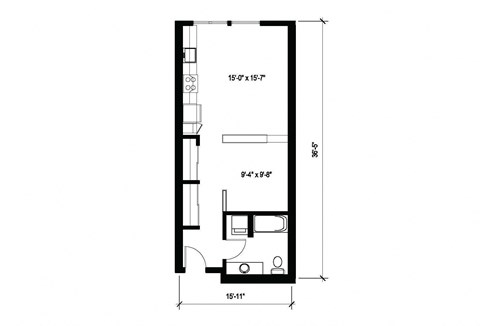 Floor plan for studio, 1 bath, 578 sqft